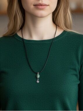 Oval Green moss Stone Pendant black leather Necklace